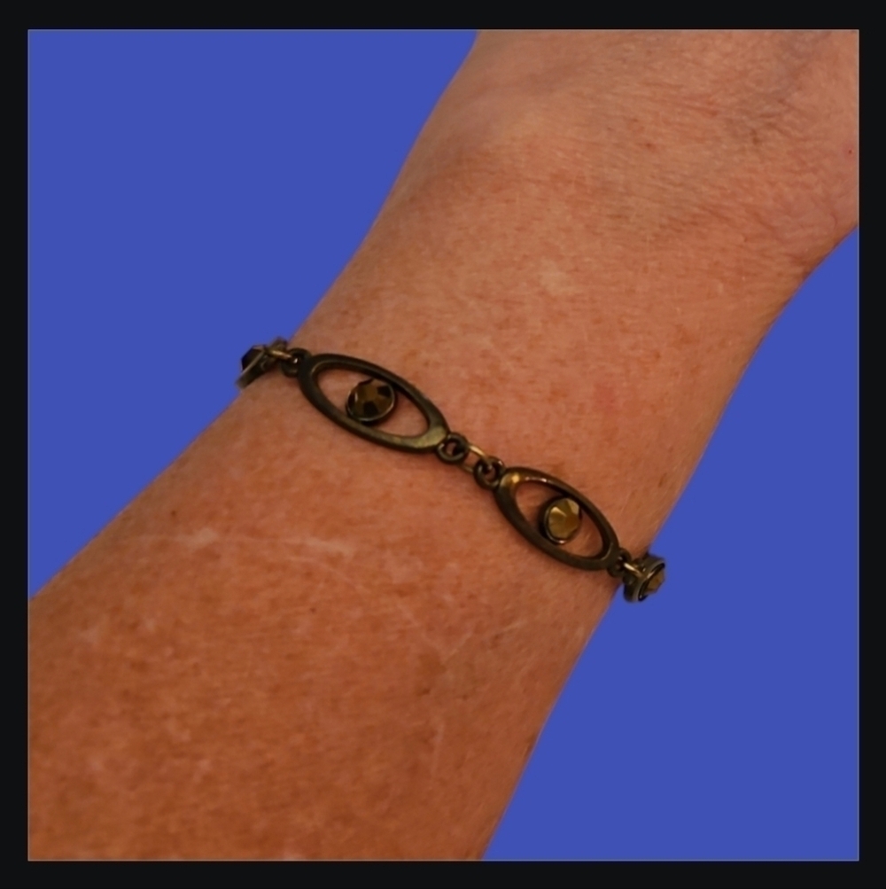 3/$30 VTG Bronze Oval Link Crystal Lobster Claw Clasp Bracelet
